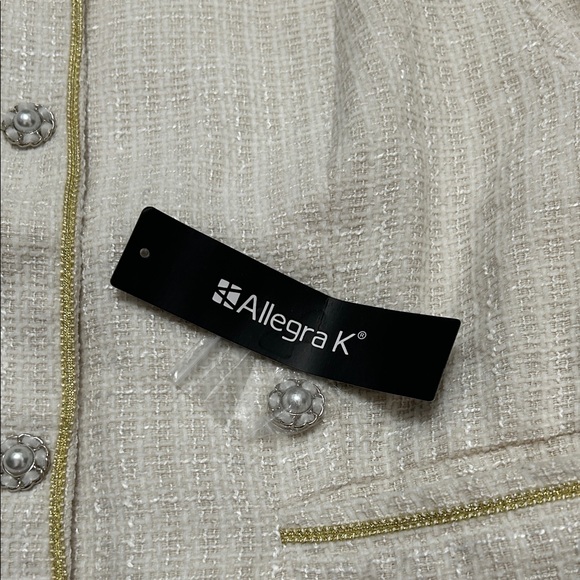 Allegra K Tweed Cream Blazer Jacket Gold Trim - Picture 8 of 11